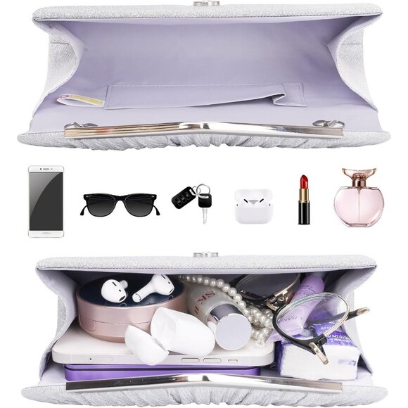 Women's Silver 1 Clutch Purses Sparkling Envelope Evening Bag Detachable Chain - Picture 4 of 7